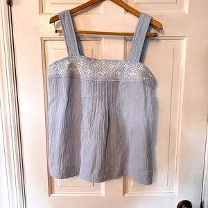 Magaschoni Top Blue Organic‎ Cotton Embroidered Sleeveless Tank Womens M